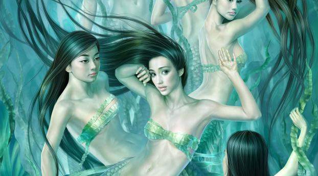 girls, mermaids, under water Wallpaper 1360x768 Resolution