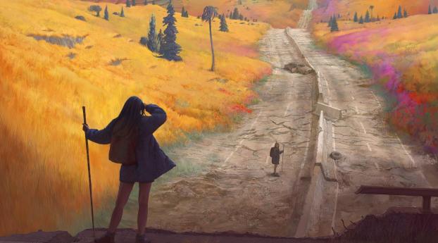 girls, road, autumn Wallpaper