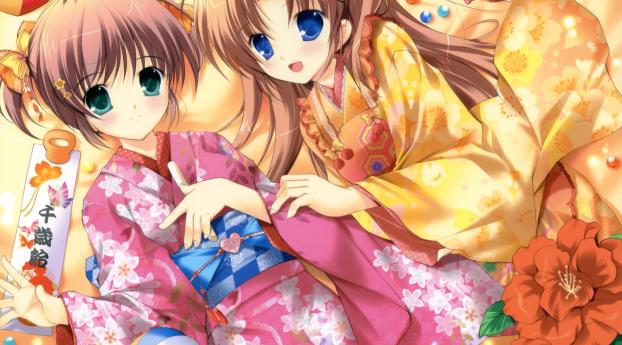 girls, smiles, kimonos Wallpaper 1024x576 Resolution