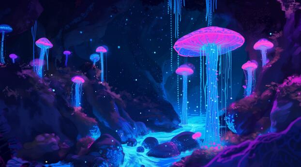 Glowing Mushroom Cave HD Wallpaper