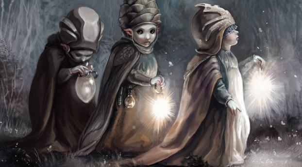 gnomes, lanterns, way Wallpaper 1366x768 Resolution