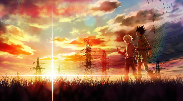 Gon and Killua walking at a beautiful sunset Wallpaper