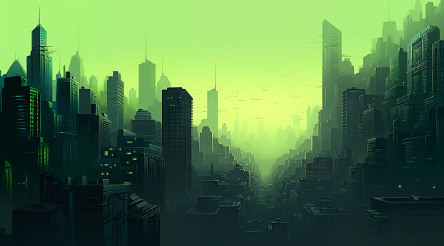 Green Cyber City Wallpaper 1080x2400 Resolution