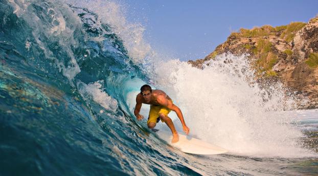 guy, surfing, wave Wallpaper 1366x768 Resolution