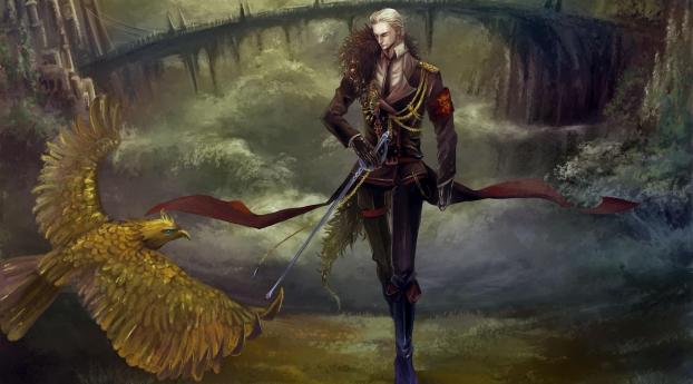 guy, sword, bird Wallpaper 480x484 Resolution