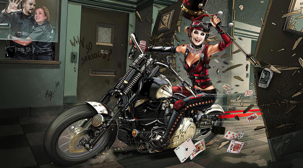 Harley Quinn in Motorcycle Wallpaper 7680x4120 Resolution