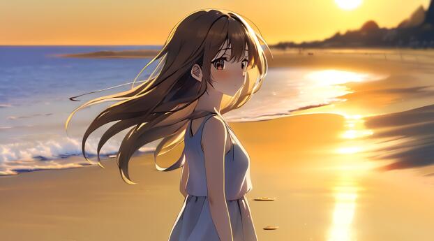 HD Anime Girl at Beautiful Beach Sunset Wallpaper