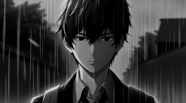 HD Anime Monochrome Man in Rain Wallpaper 1536x2048 Resolution