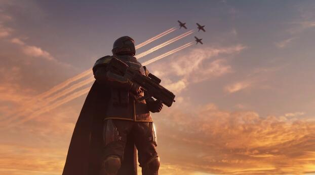 HD Gaming Helldivers 2  Soldier Sunset Wallpaper 1440x310 Resolution