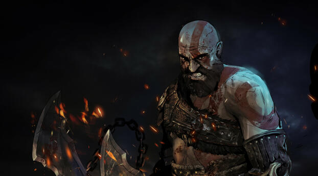 HD Kratos God of War Ragnarök Cartoon Art Wallpaper 1350x689 Resolution