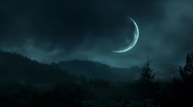 HD Moon Over Dark Mystic Forest Wallpaper 1080x2220 Resolution