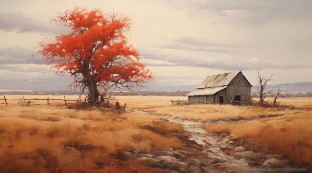 HD Rustic Barn and Vibrant Tree Wallpaper