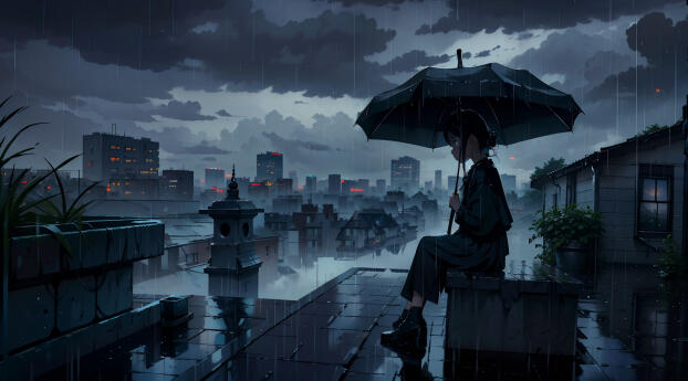 HD Sad Anime Girl in Dark Rain Wallpaper 1440x3040 Resolution