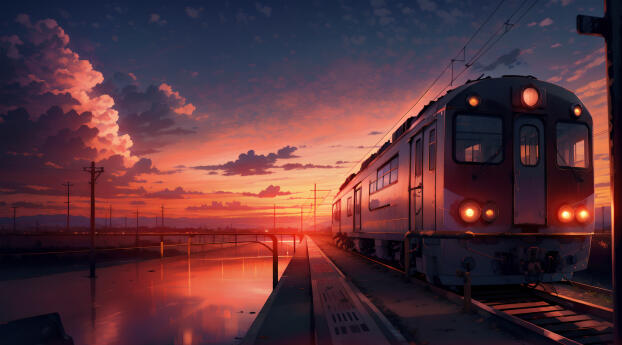 HD Train View at Sunset Wallpaper 7680x512 Resolution