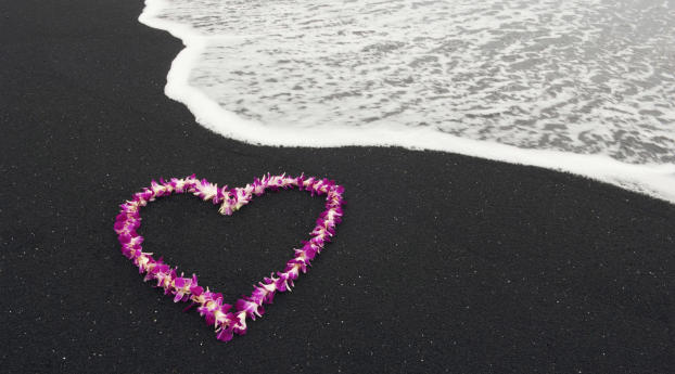 Heart Shape Flowers On Beach Sand Valentines Idea Wallpaper 1080x2048 Resolution