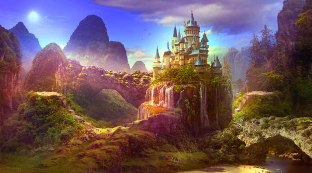 Heavenly Castle Over Mountain Hills Wallpaper 480x854 Resolution
