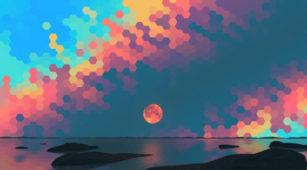 Hexagon Sky Orange Moon Wallpaper 1600x900 Resolution