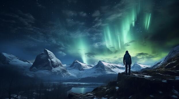 Hiker Under Aurora Mountain Borealis 4K Night Sky Wallpaper 2560x1024 Resolution