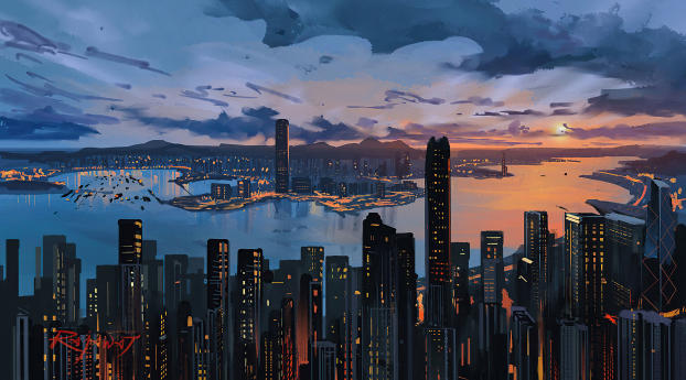Hong Kong Skyscraper Cool Art Wallpaper 1536x2152 Resolution