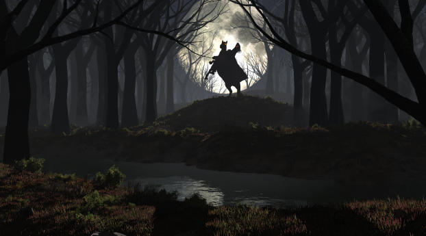 Horseman In Forest Dark Night Wallpaper