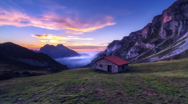 House In The Mountains Sunlight Nature Landscape Wallpaper 1440x2560 Resolution