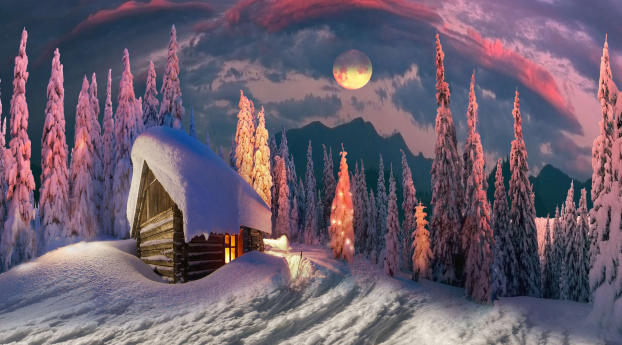 House in Winter Amazing Digital Art Wallpaper 2160x3840 Resolution