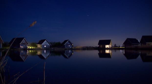 Houses At Lake Water Starry Night Wallpaper 720x1280 Resolution