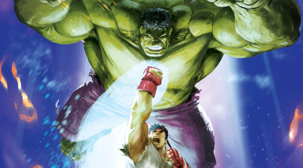 Hulk Vs Ryu MVCI Artwork Wallpaper 2160x384 Resolution