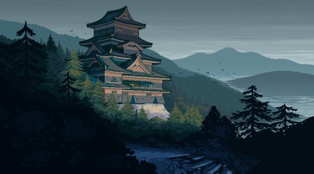 Japanese Castle Pixel Art Wallpaper 1080x2460 Resolution
