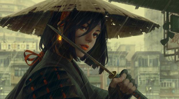 Japanese Warrior In Rain Wallpaper 1600x600 Resolution