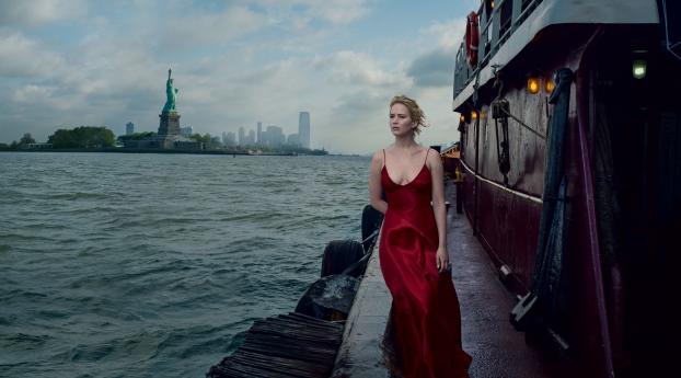 Jennifer Lawrence Red Dress For Vogue 2017 Wallpaper 840x1336 Resolution