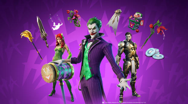 Joker Midas Rex and Poison Ivy Fortnite Wallpaper 7680x1440 Resolution