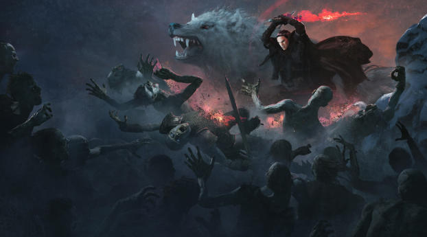 Jon Snow With Wolf Attacking White Walkers Artwork Wallpaper 1080x2160 Resolution
