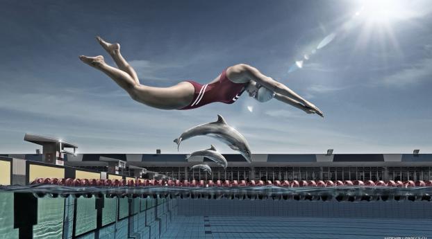 jump, girl, dolphins Wallpaper 2560x1024 Resolution