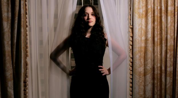 Kat Dennings Black Dress Images Wallpaper 1440x3120 Resolution