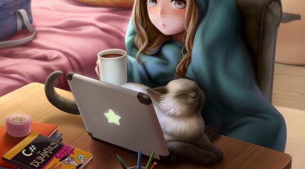 kotikomori, laptop, cat Wallpaper 640x1136 Resolution