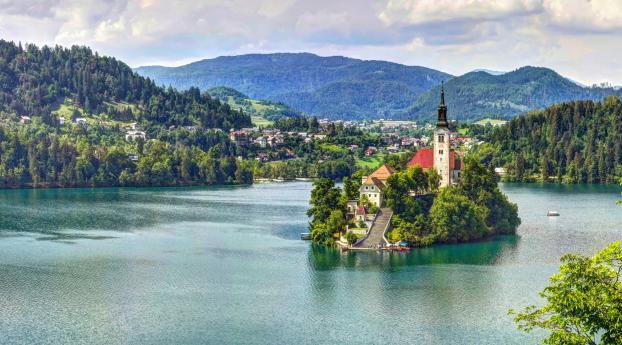 lake bled, slovenia, mariinsky church Wallpaper 1080x2160 Resolution