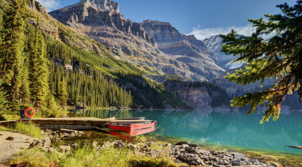 lake, boat, mountains Wallpaper