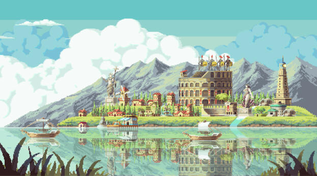 LakeSide HD Pixel Art Wallpaper 2880x1800 Resolution