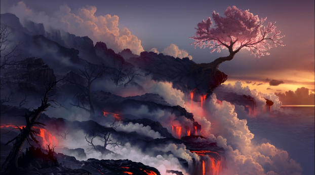Lava with Cherry Tree Wallpaper 1440x2880 Resolution