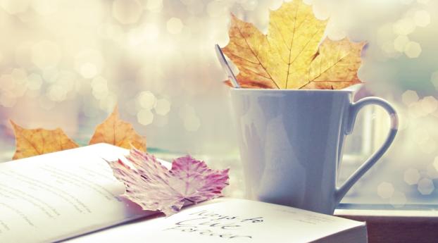 leaf, cup, book Wallpaper