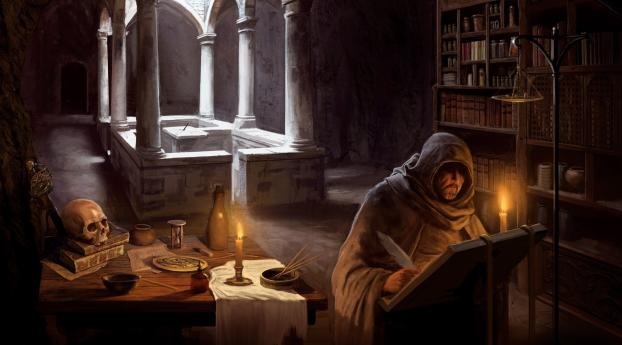 library, man, candle Wallpaper 1366x768 Resolution