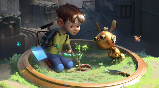 Little boy & Robotic dog Art Wallpaper 1080x2160 Resolution