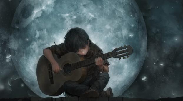 Little Boy On Full Moon Night Playing Guitar Art Wallpaper 2560x1440 Resolution
