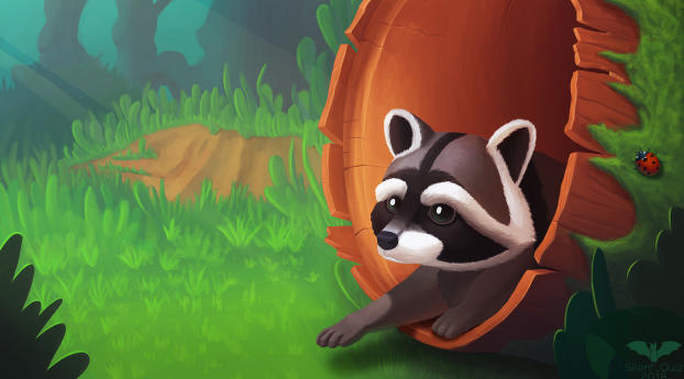 Little Raccoon In Forest Arwork Wallpaper 1600x900 Resolution