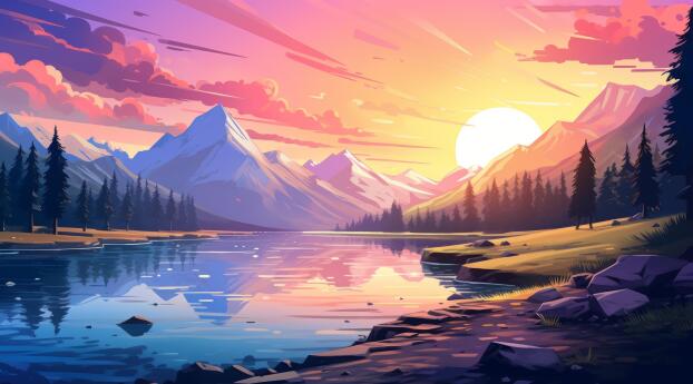 Lo Fi Landscape HD Colorful Sunrise Wallpaper 1080x2460 Resolution