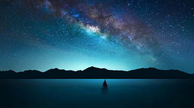 Lone Sailboat on Milky Way Night Wallpaper 2880x1800 Resolution