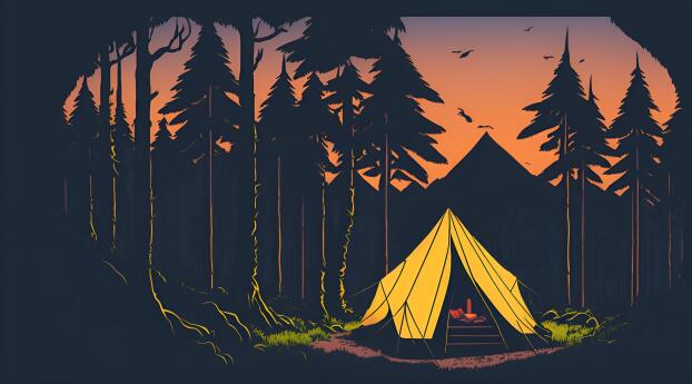Lone Tent in the Lush Forest Minimalist Wallpaper 1920x1080 Resolution