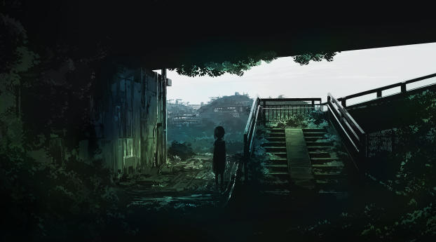 Lonely Girl In Ruined City Wallpaper 1080x2400 Resolution