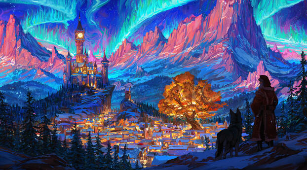 Looking at Fantasy City HD Illustration Wallpaper 7680x1440 Resolution